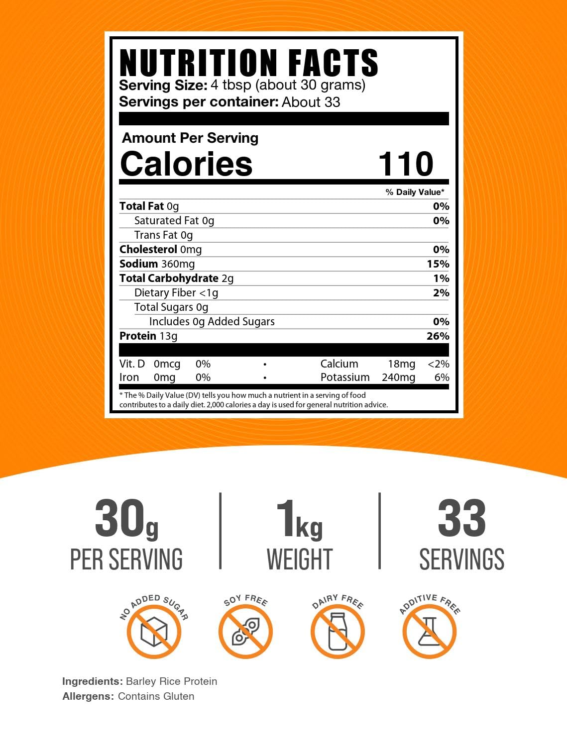 BulkSupplements Barley Rice Protein Powder scoop shows 30 g serving for daily smoothies.