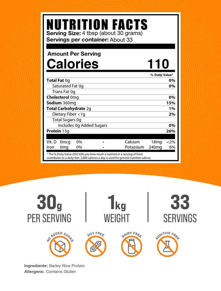 BulkSupplements Barley Rice Protein Powder scoop shows 30 g serving for daily smoothies.