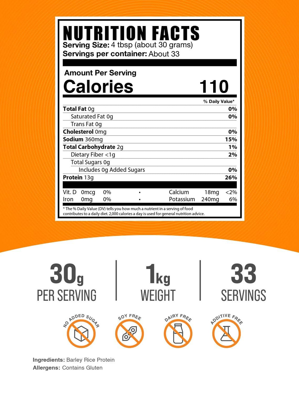 BulkSupplements Barley Rice Protein Powder scoop shows 30 g serving for daily smoothies.