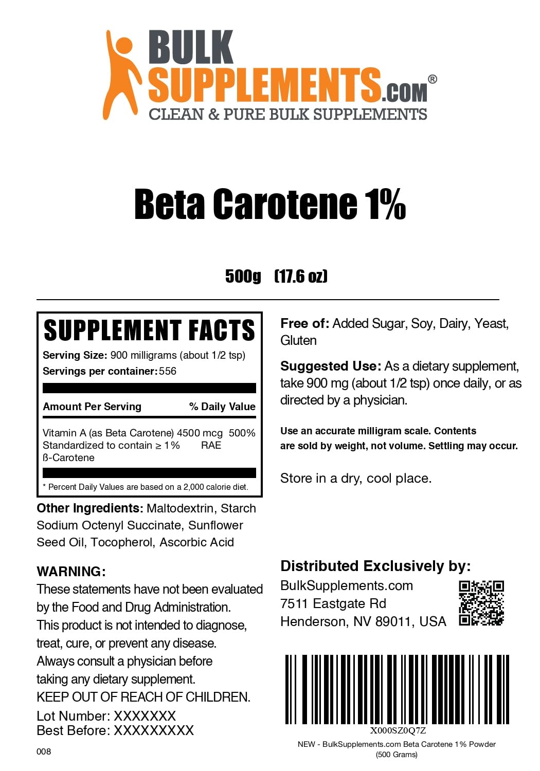BulkSupplements Beta Carotene powder batch seal indicating product integrity.