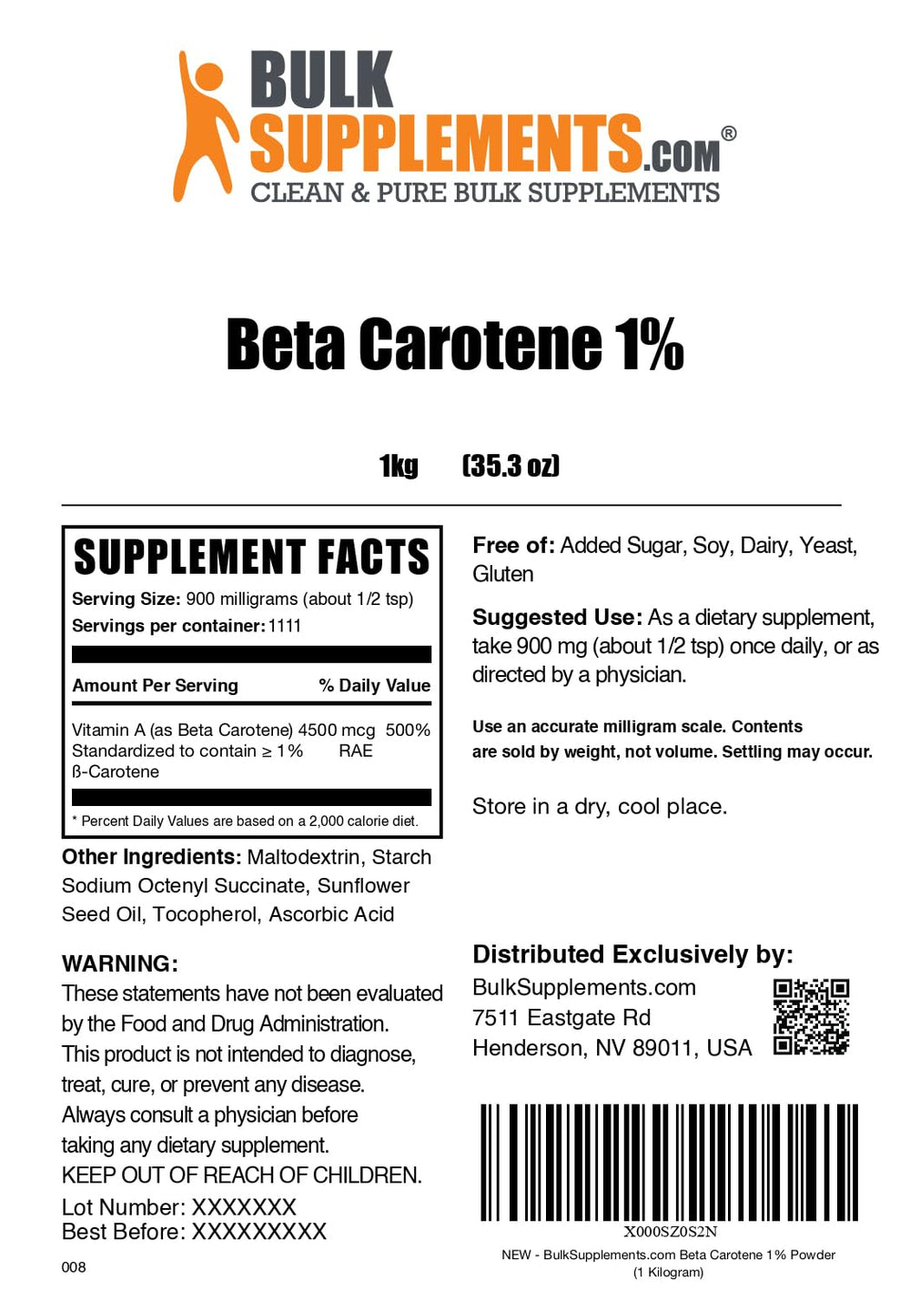BulkSupplements Beta Carotene powder dispensing jar for secure storage