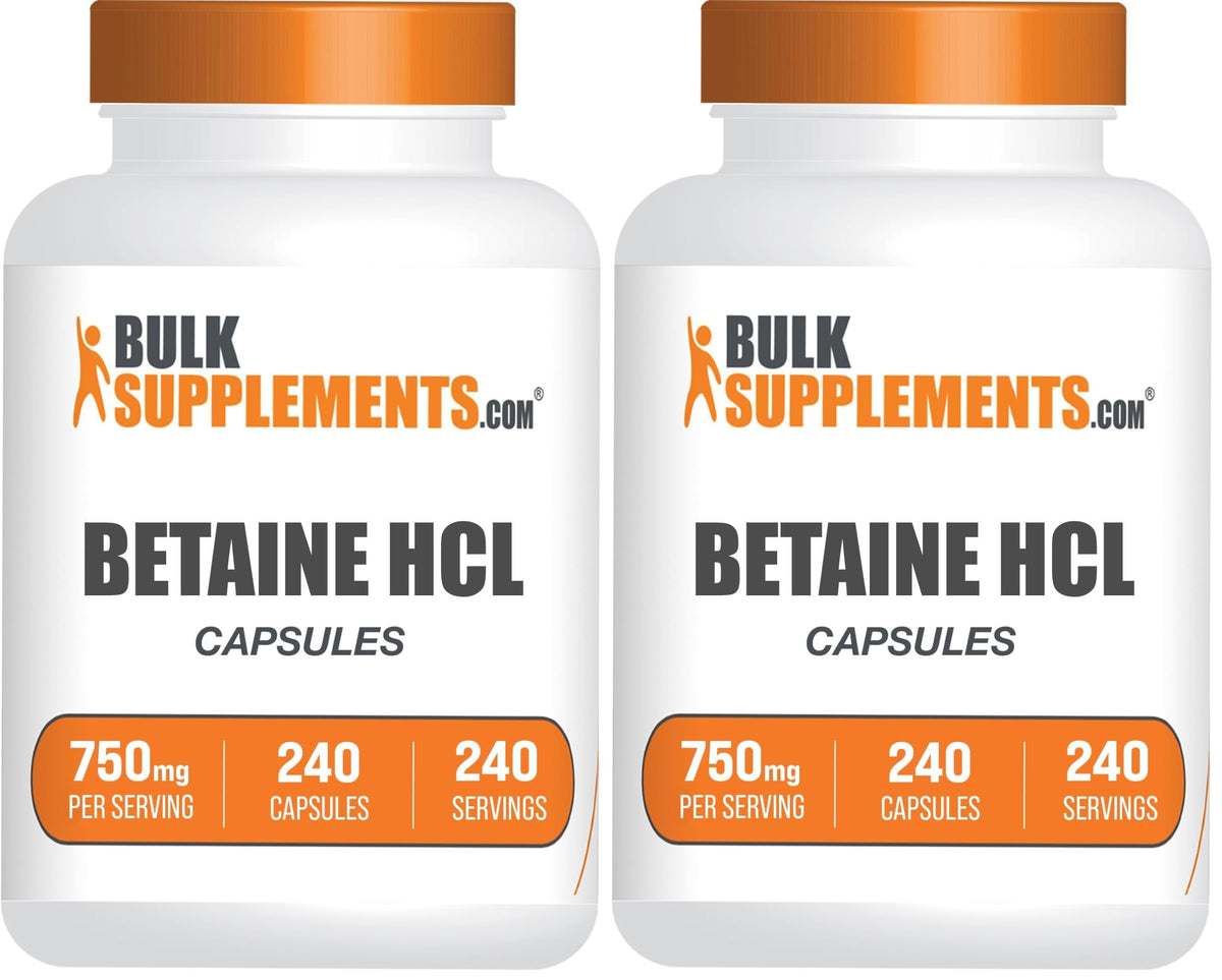 Bulksupplements Betaine HCl capsules bottle for convenient daily digestive support.