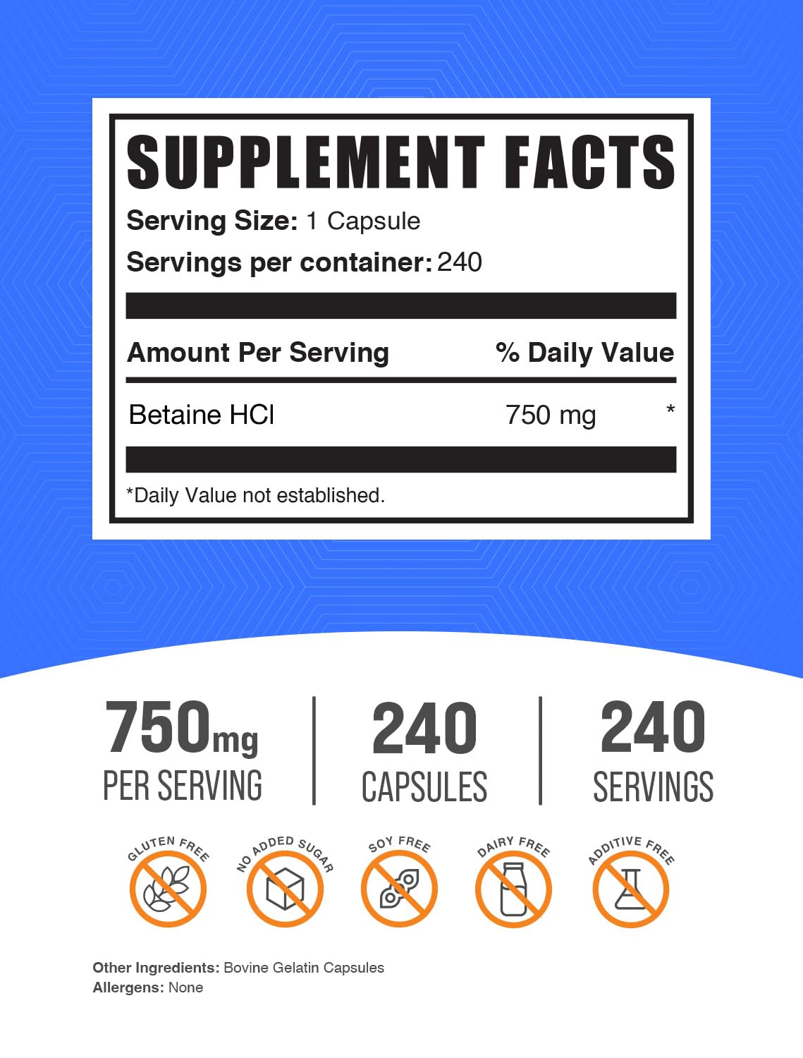 Bulksupplements Betaine HCl capsules closeup, compact and portable.
