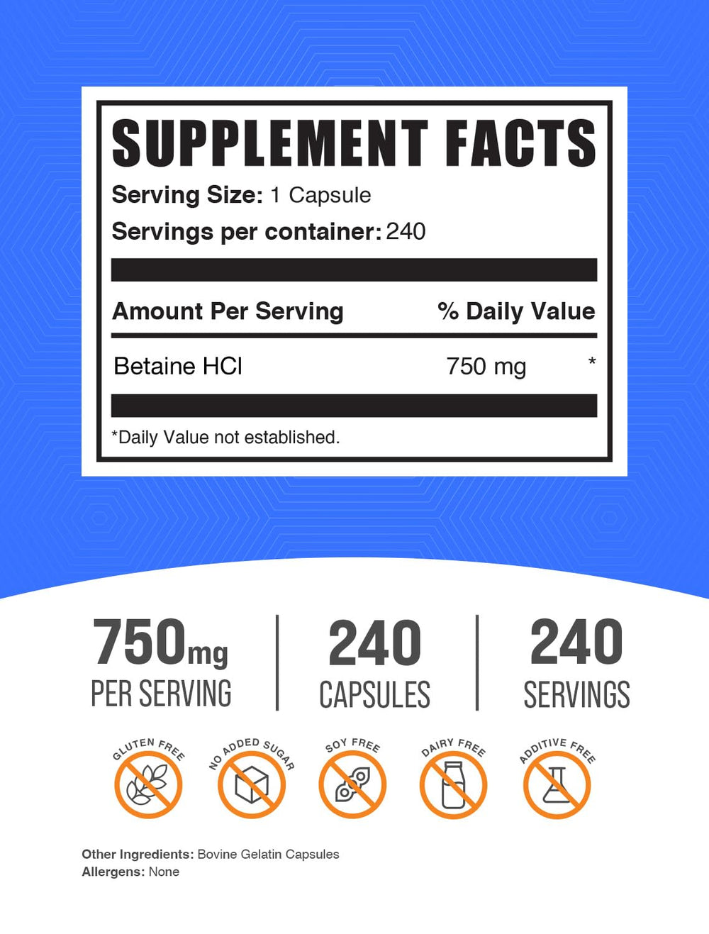 Bulksupplements Betaine HCl capsules closeup, compact and portable.