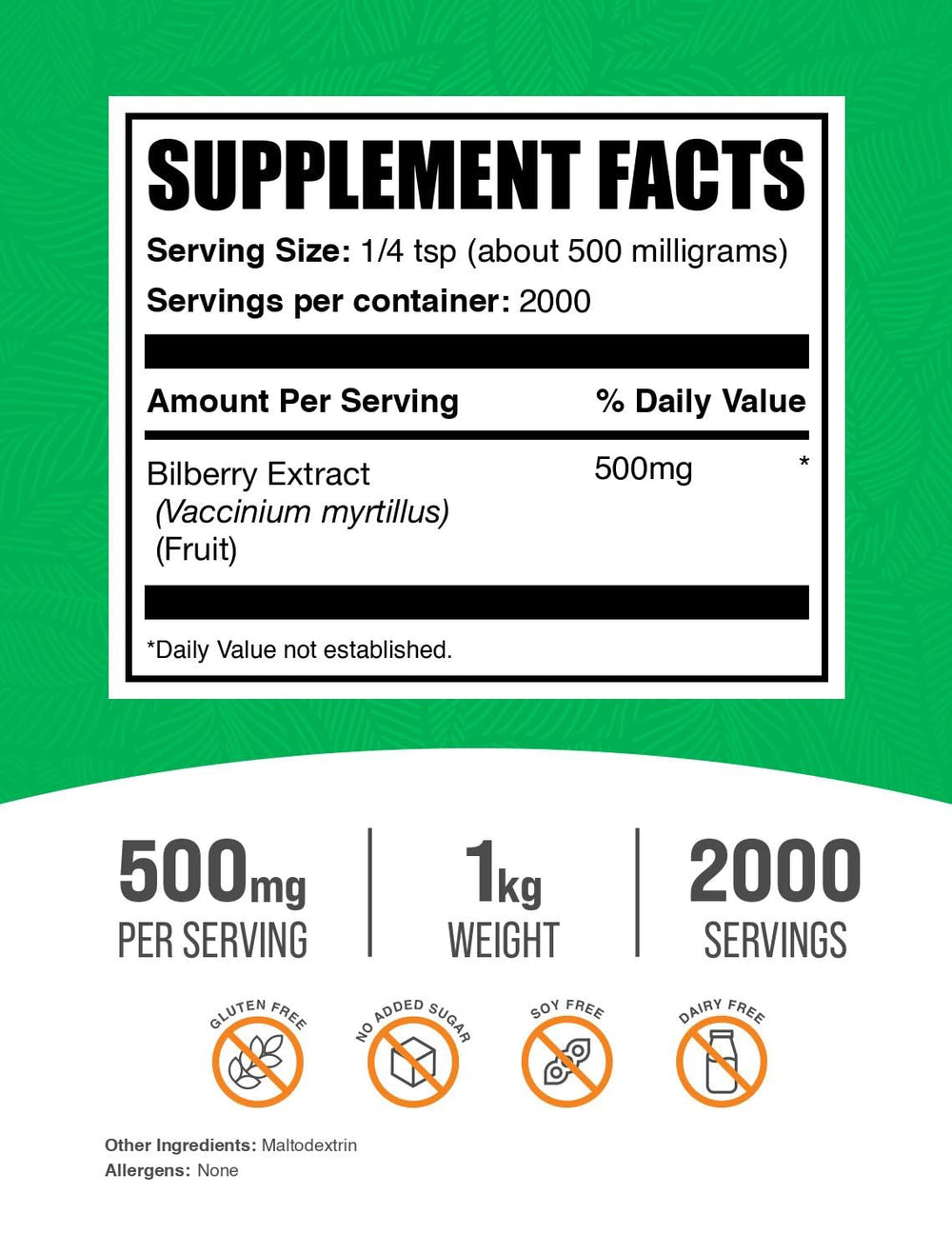 BulkSupplements Bilberry Extract packaging showcases vegan and gluten-free credentials