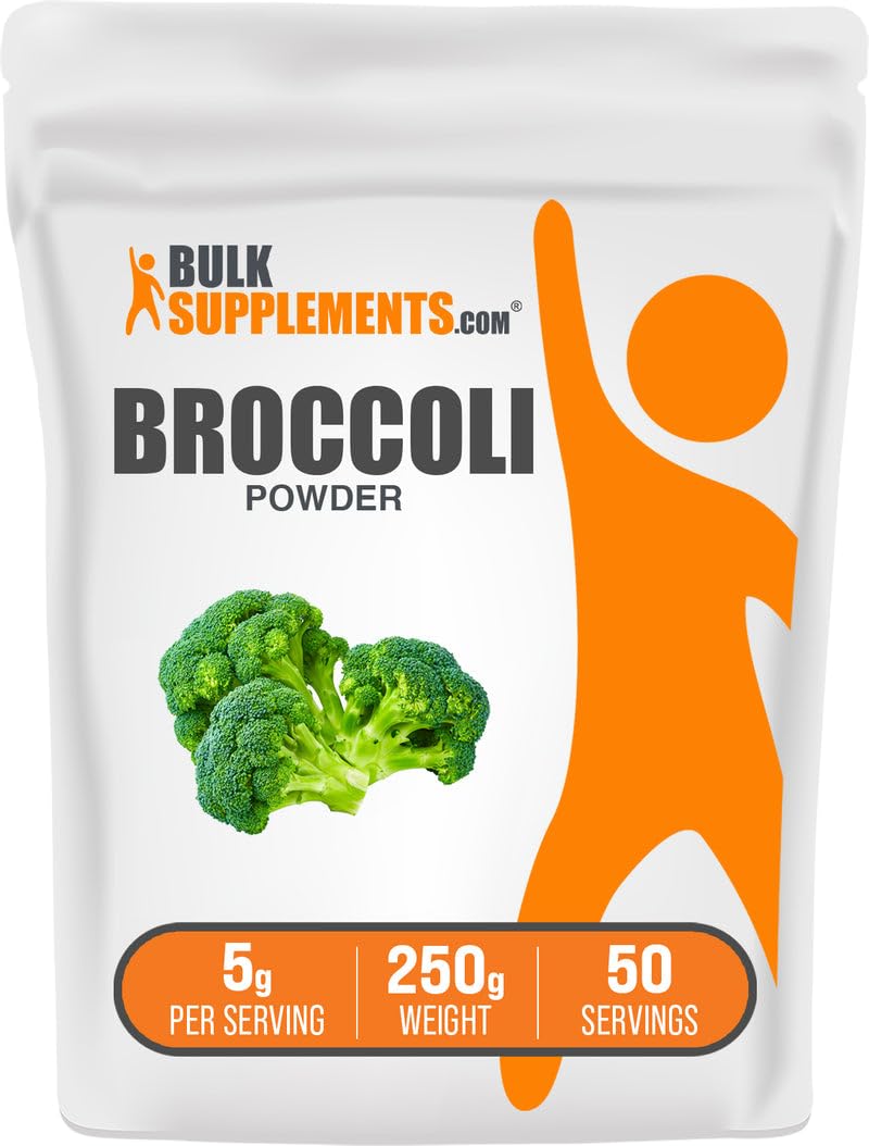 BulkSupplements broccoli powder featuring broccoli florets for daily nutrition.