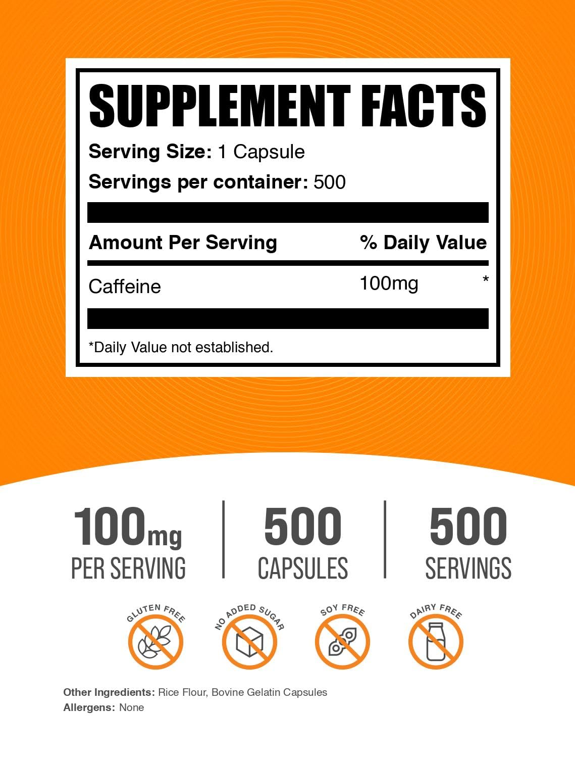BulkSupplements Caffeine 100mg capsules packaging with clear labeling for precise dosing.