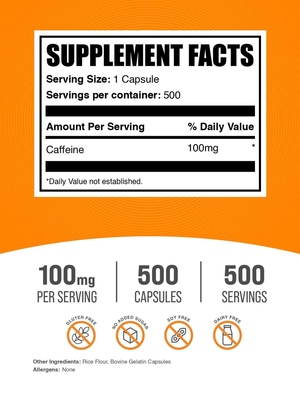 BulkSupplements Caffeine 100mg capsules packaging with clear labeling for precise dosing.