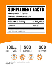 BulkSupplements Caffeine 100mg capsules packaging with clear labeling for precise dosing.