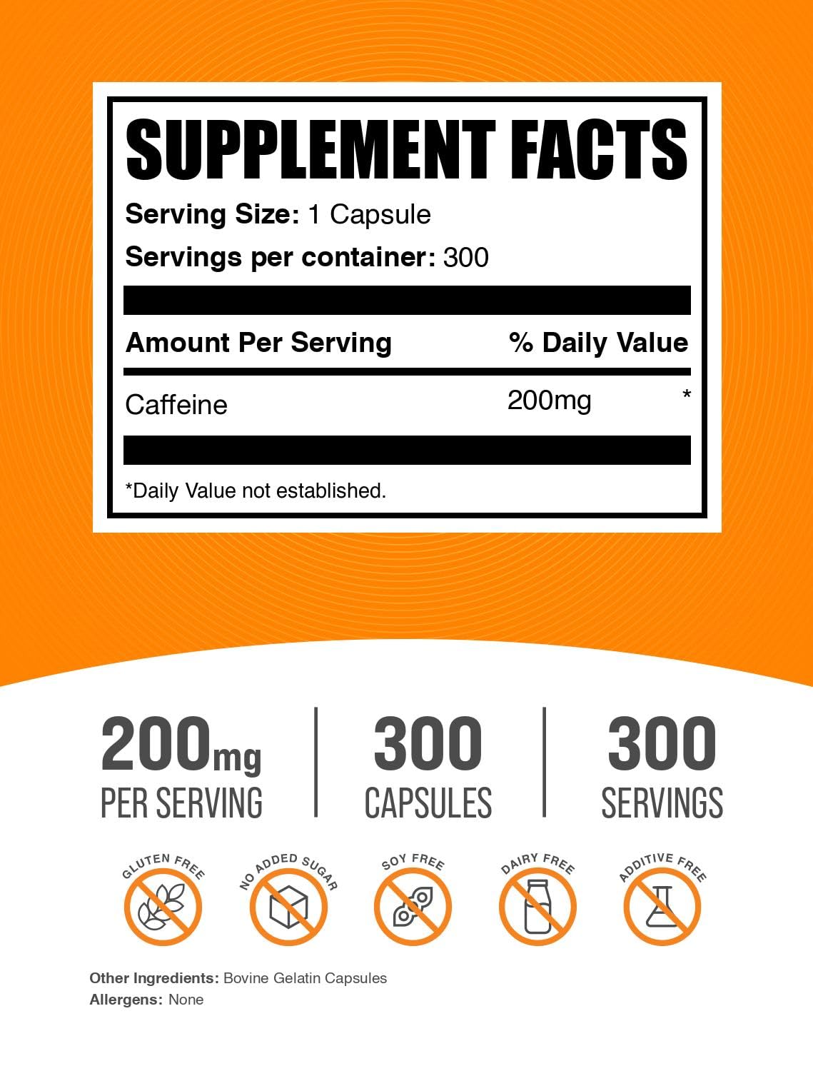 BulkSupplements caffeine capsules 200mg on table for easy on-the-go wakefulness.