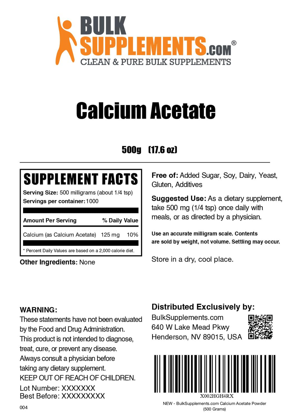 BulkSupplements Calcium Acetate Powder finished jar label for quality assurance.