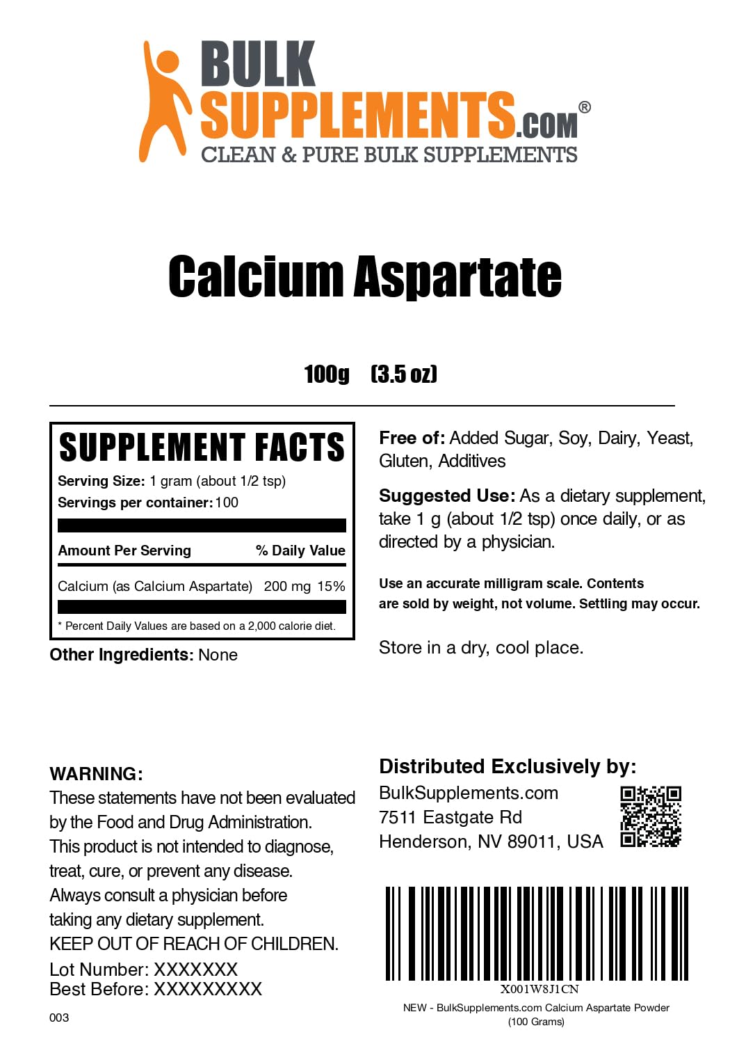 BulkSupplements Calcium Aspartate bottle on a clean surface suggesting reliable purity.
