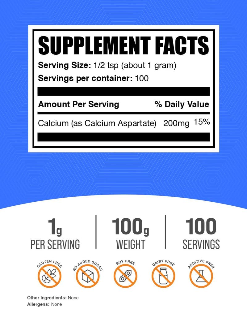BulkSupplements Calcium Aspartate powder measuring spoon ready for smoothies or drinks.