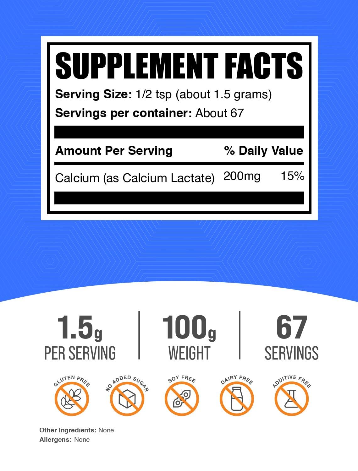 BulkSupplements Calcium Lactate Powder packaging highlighting quality and portion control