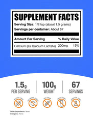 BulkSupplements Calcium Lactate Powder packaging highlighting quality and portion control