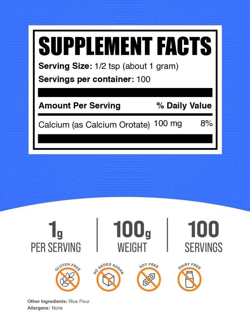 BulkSupplements Calcium Orotate Powder unflavored container on shelf.