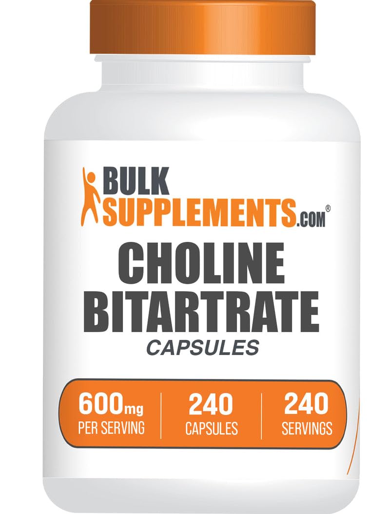BulkSupplements Choline Bitartrate Capsules bottle pouring for easy daily use.