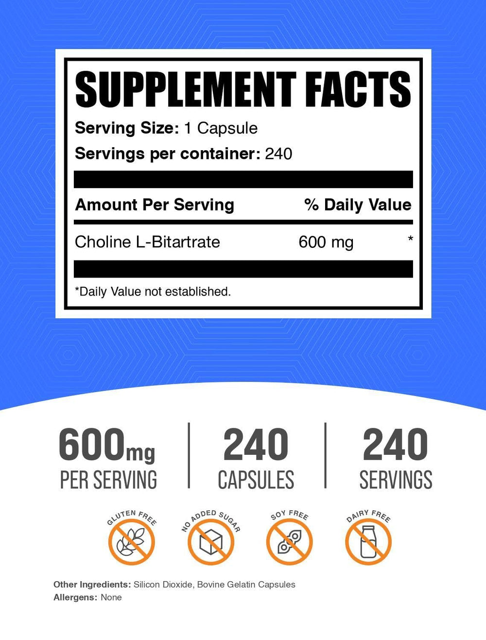 BulkSupplements Choline Bitartrate Capsules label close-up highlighting quality and transparency.
