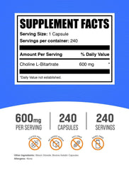 BulkSupplements Choline Bitartrate Capsules label close-up highlighting quality and transparency.