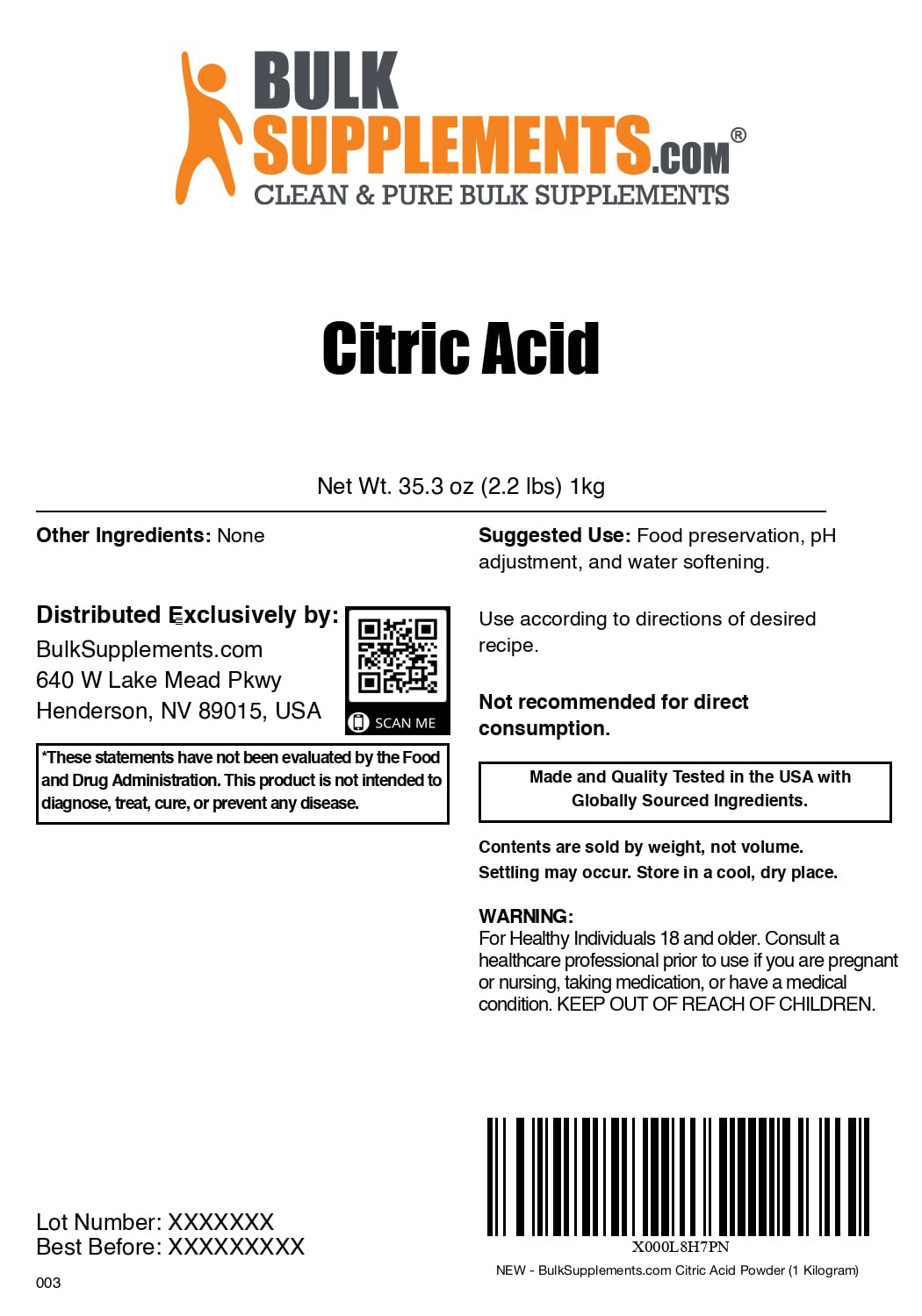BulkSupplements Citric Acid Powder ready for beverages, candies, and baking.