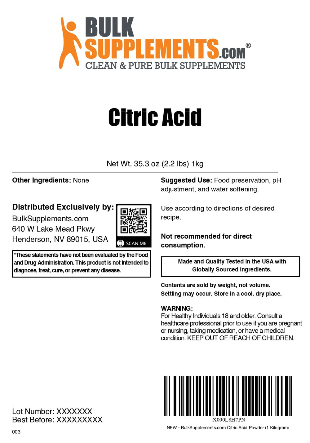 BulkSupplements Citric Acid Powder ready for beverages, candies, and baking.