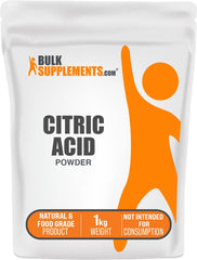 BulkSupplements Citric Acid Powder packaging highlighting food-grade quality for cooking and cleaning.