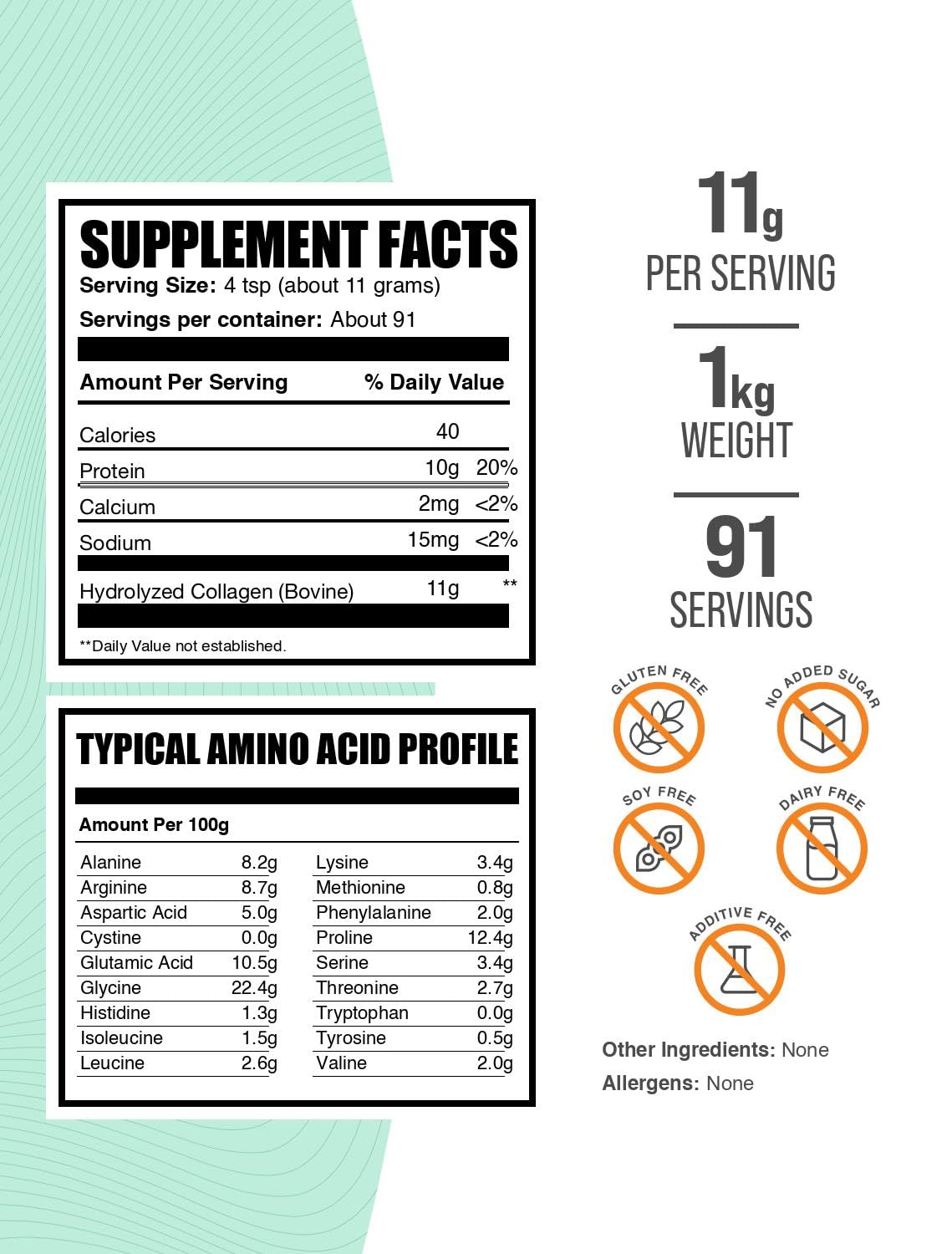 BulkSupplements collagen peptides powder bottle back shows ingredients and third-party testing.