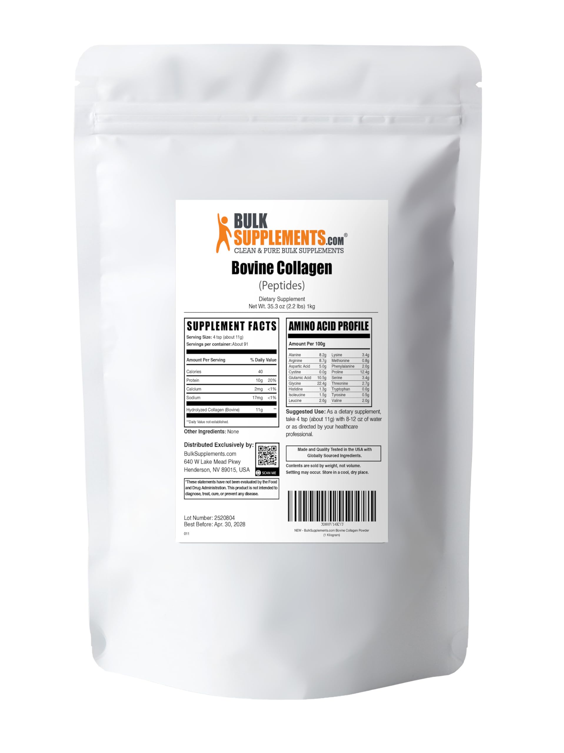 BulkSupplements collagen peptides powder 1kg packaging close-up for long-term use.