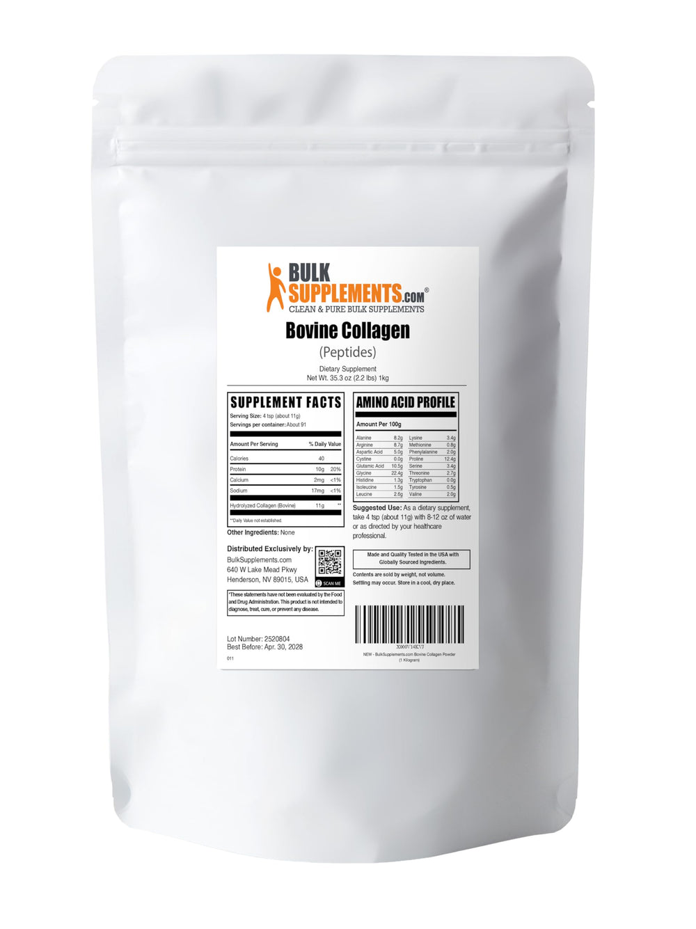 BulkSupplements collagen peptides powder 1kg packaging close-up for long-term use.