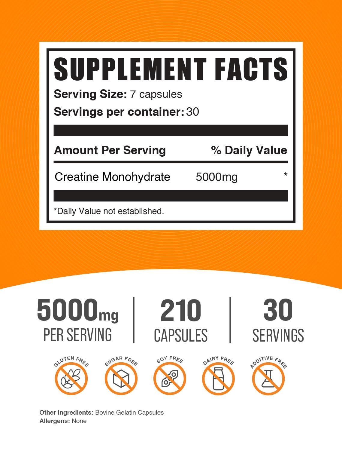 BulkSupplements Creatine Monohydrate Capsules serving 7 capsules for easy dose tracking.