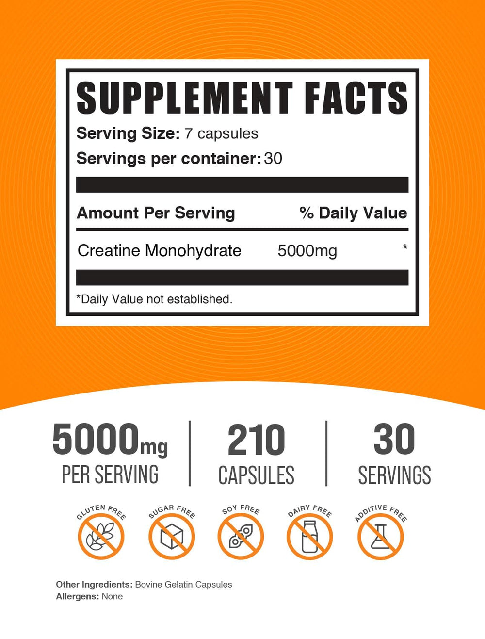 BulkSupplements Creatine Monohydrate Capsules serving 7 capsules for easy dose tracking.