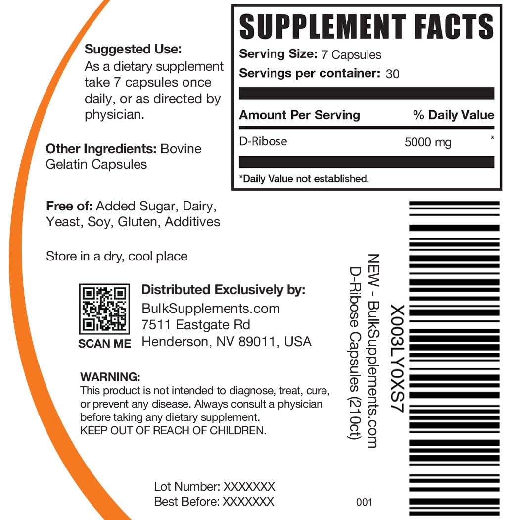 BulkSupplements D-Ribose capsules closeup highlighting 5,000 mg per serving for active lifestyles.