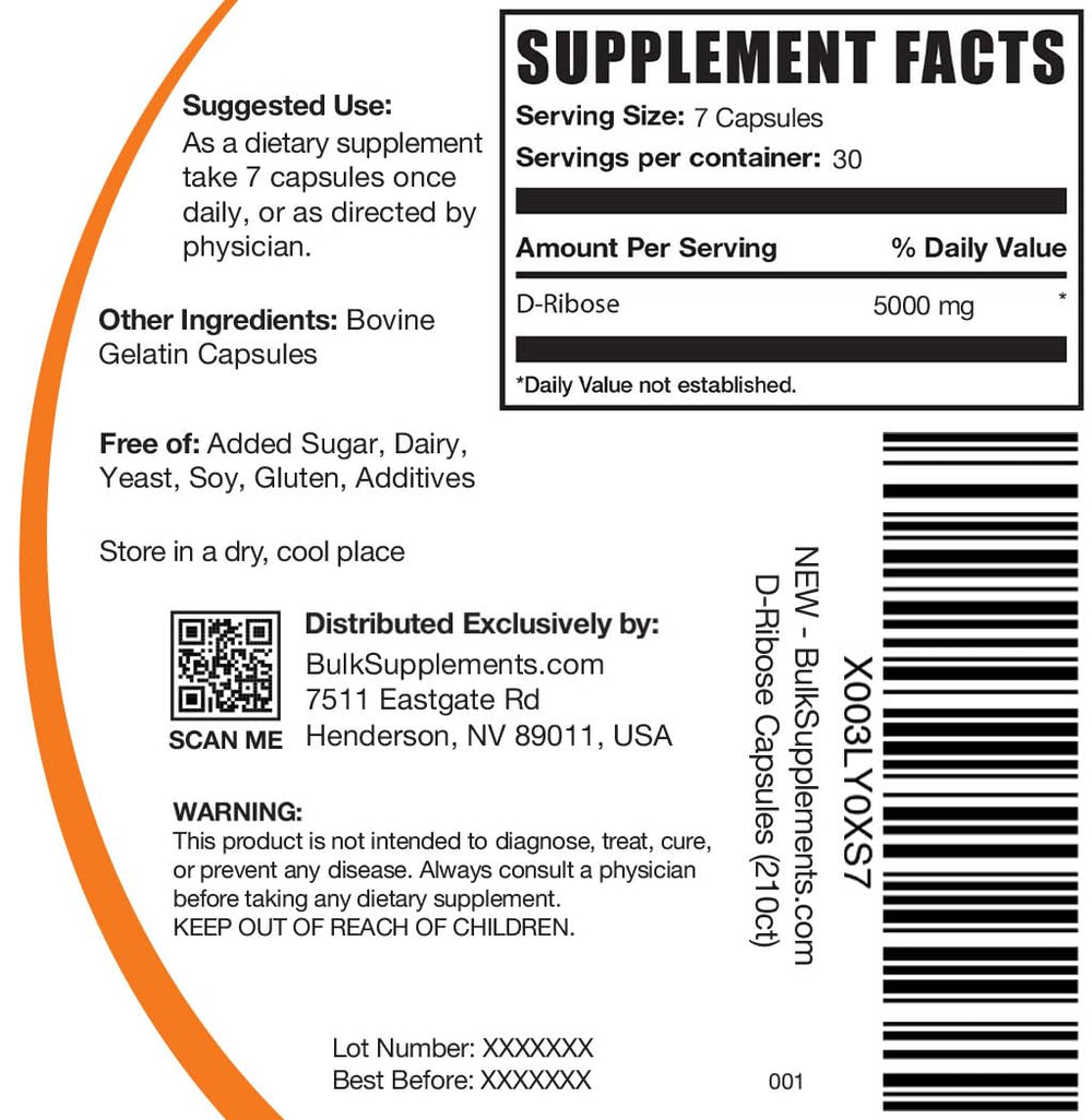 BulkSupplements D-Ribose capsules closeup highlighting 5,000 mg per serving for active lifestyles.