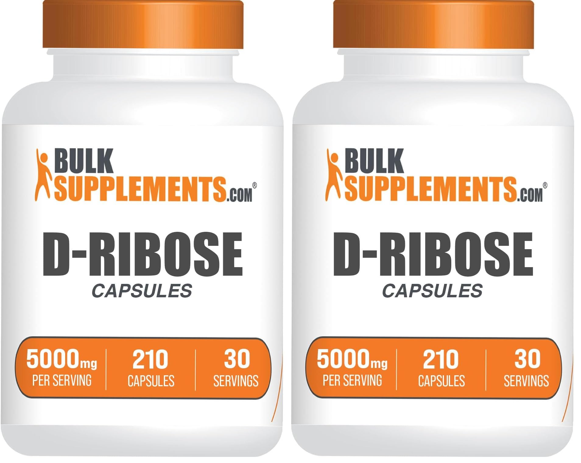 BulkSupplements D-Ribose capsules pack shot showing gluten-free energy support in a 210-count bottle.