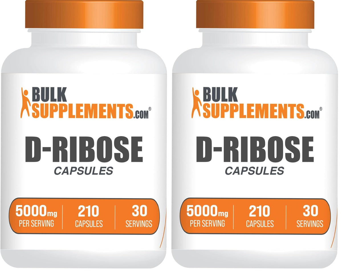BulkSupplements D-Ribose capsules pack shot showing gluten-free energy support in a 210-count bottle.