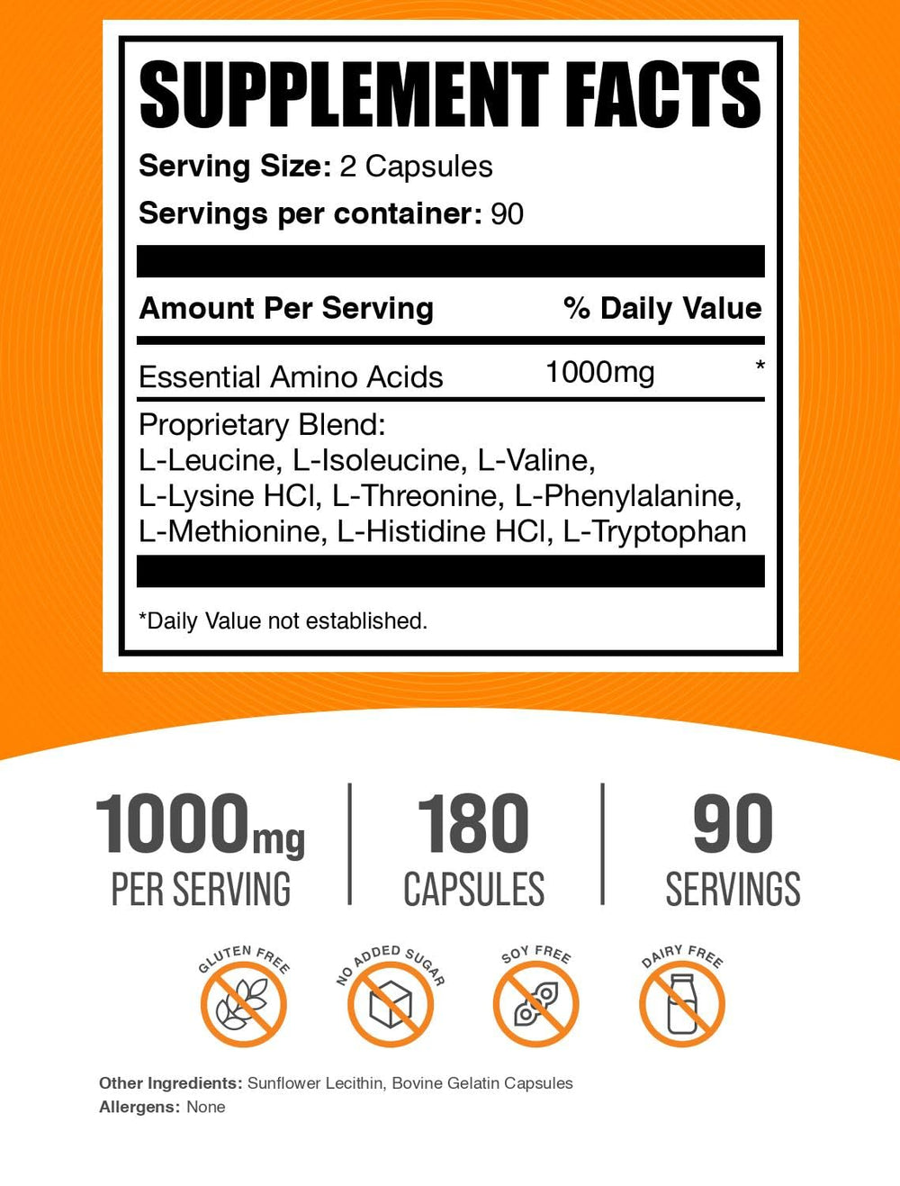 BulkSupplements EAA Capsules bottle close-up highlights 1000 mg servings for daily intake