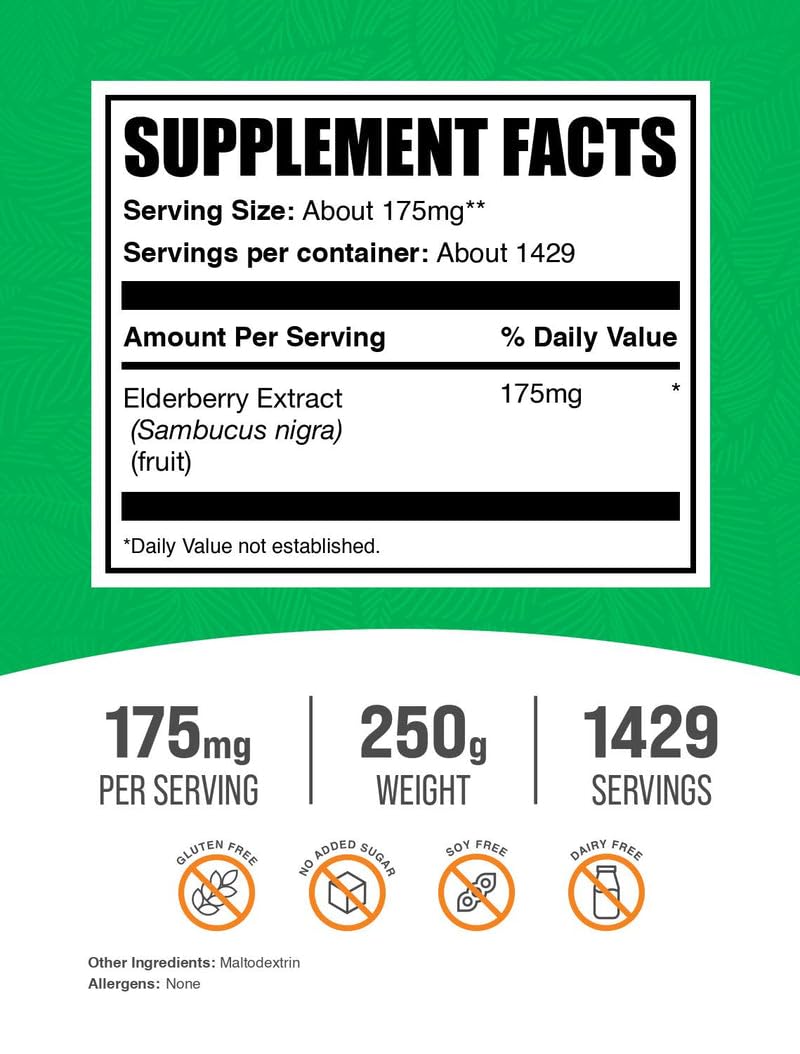 Bulksupplements Elderberry Extract Powder packaging emphasizes quality and third-party testing.