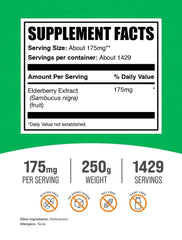 Bulksupplements Elderberry Extract Powder packaging emphasizes quality and third-party testing.