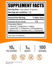 BulkSupplements Essential Amino Acids Powder with serving spoon, precise 10 g dose for workouts.