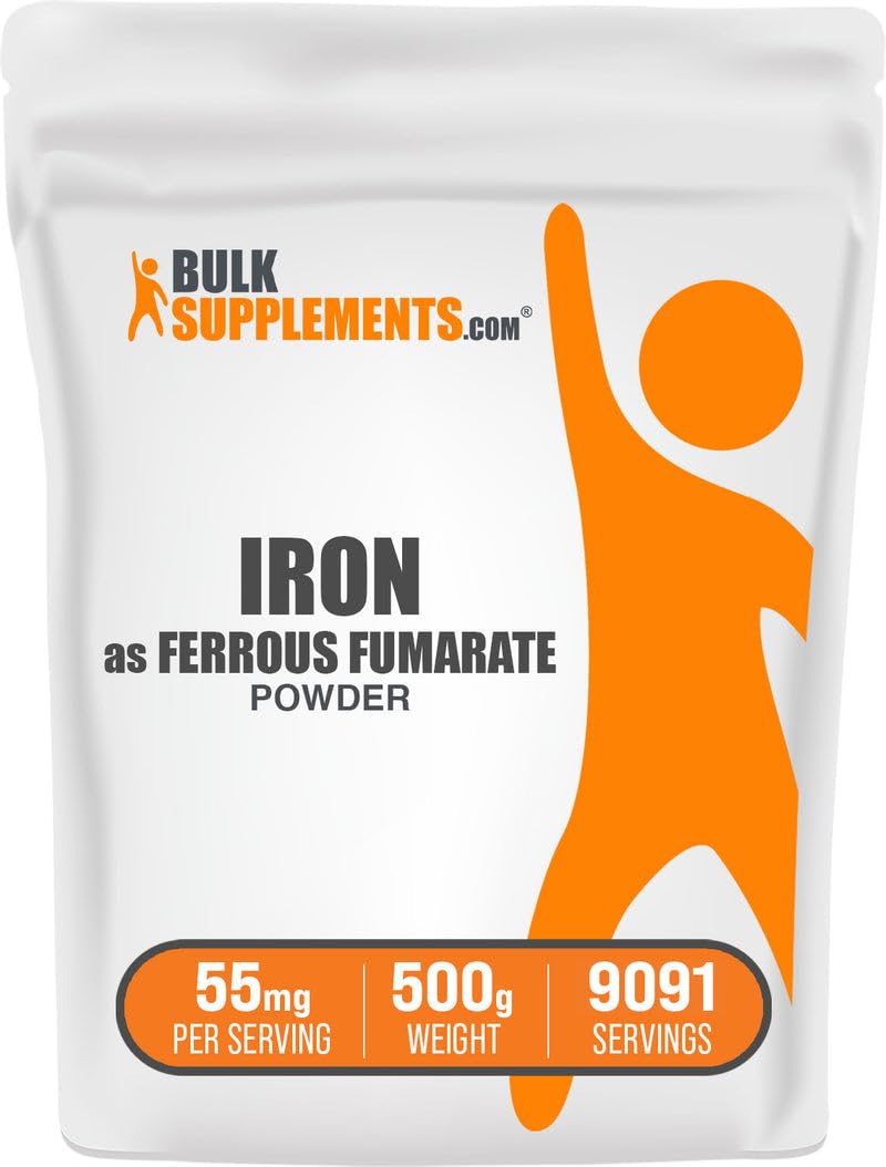 BulkSupplements Ferrous Fumarate powder bottle shows gluten-free iron support for daily wellness.