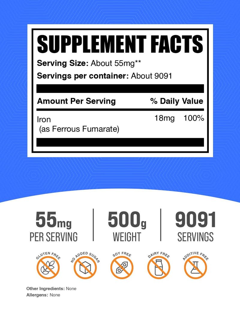 BulkSupplements Ferrous Fumarate powder pour highlights easy mixing into beverages.