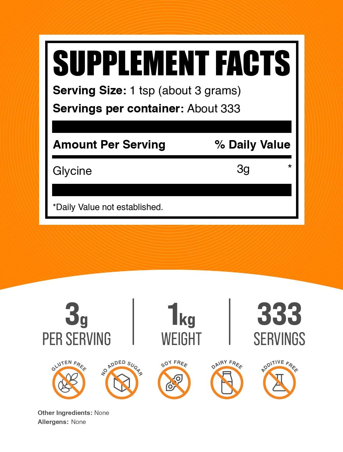 Glycine powder 3g serving for easy daily dosing with BulkSupplements.