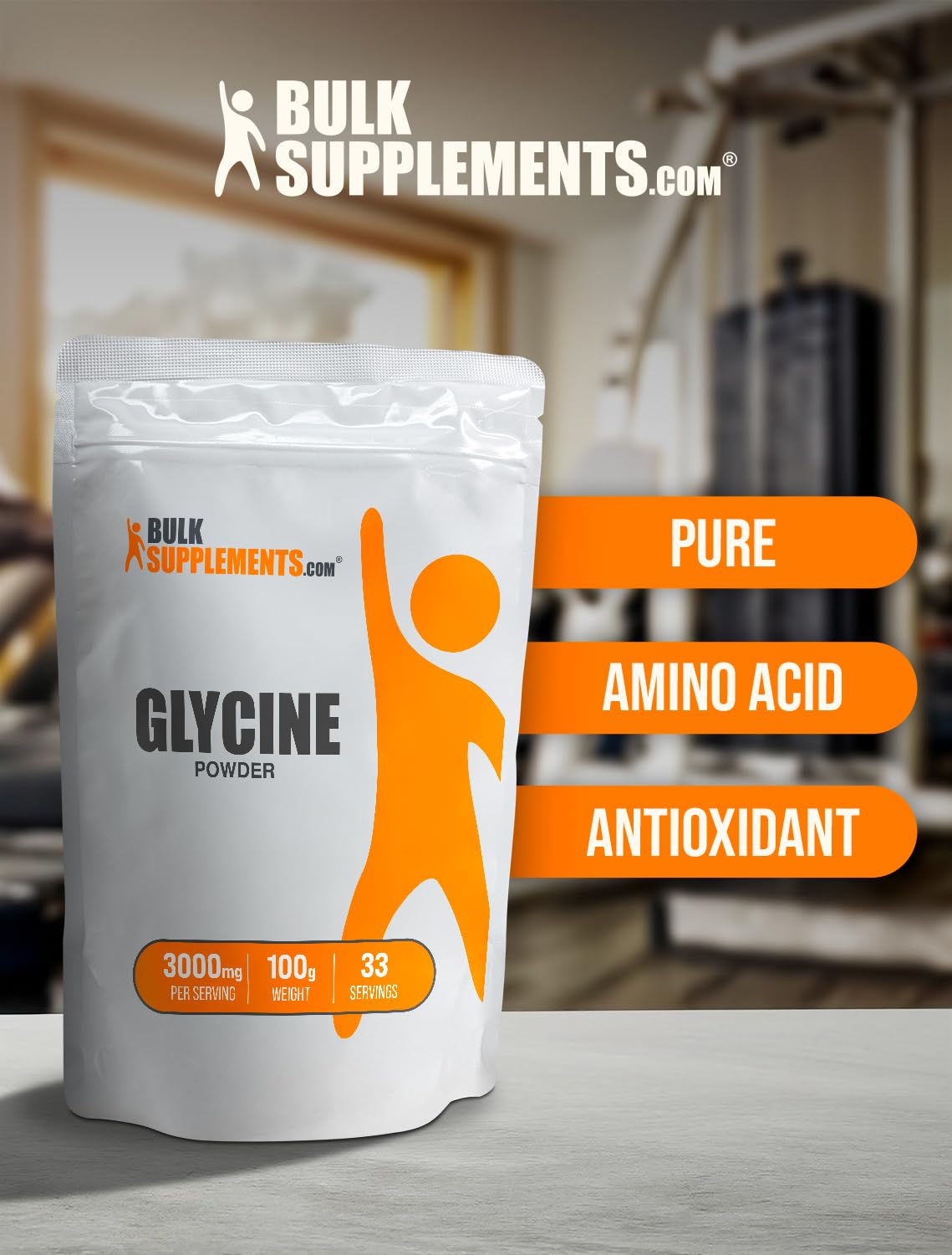 BulkSupplements Glycine powder packaging ready, resealable container for long-term storage.