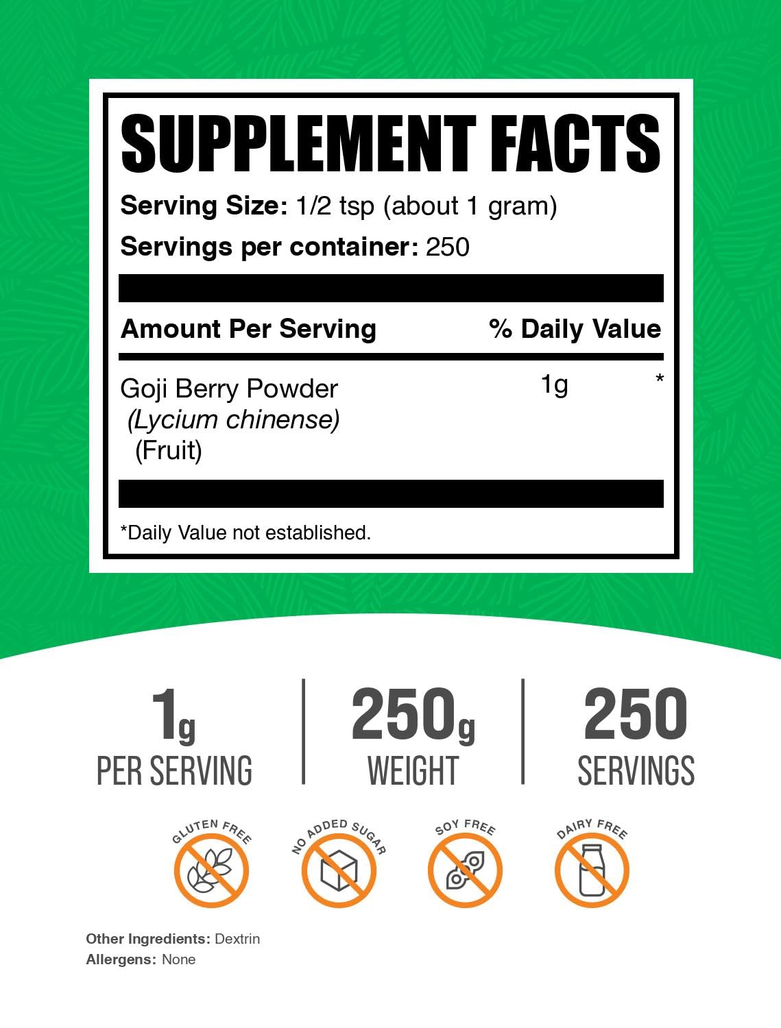 Goji Berry Powder scoop highlights precise 1g servings for smoothies