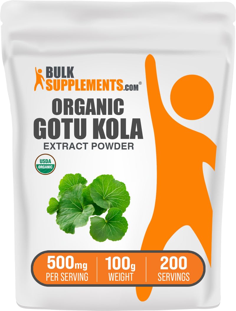 BulkSupplements Organic Gotu Kola extract powder jar for daily wellness support and clean ingredient sourcing.