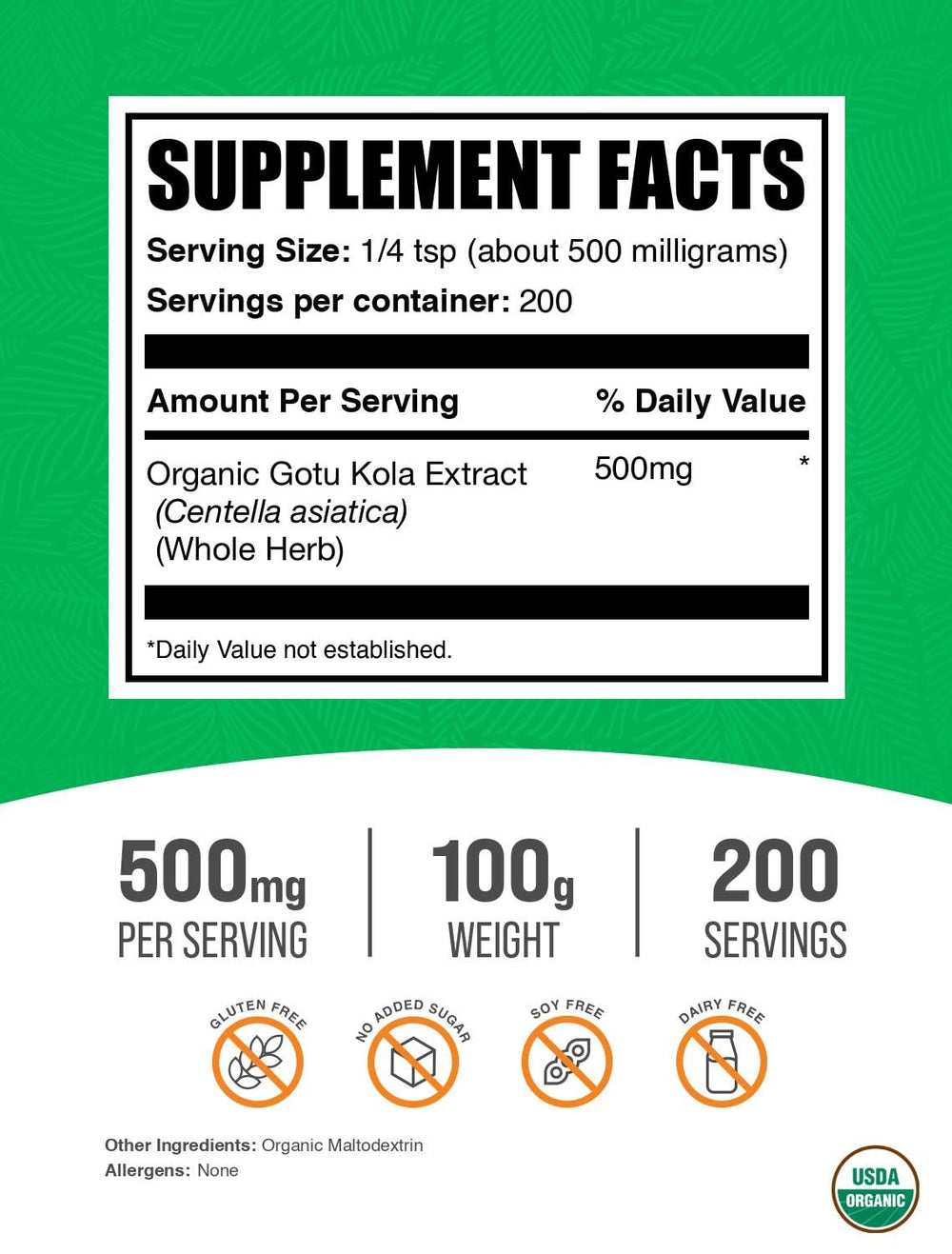 BulkSupplements Gotu Kola powder with scoop showing convenient daily serving option.
