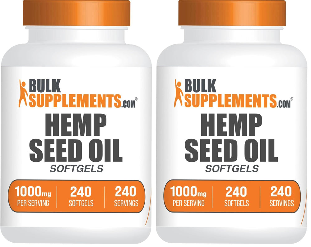 BulkSupplements Hemp Seed Oil Softgels bottle closeup showing quality and nutrients