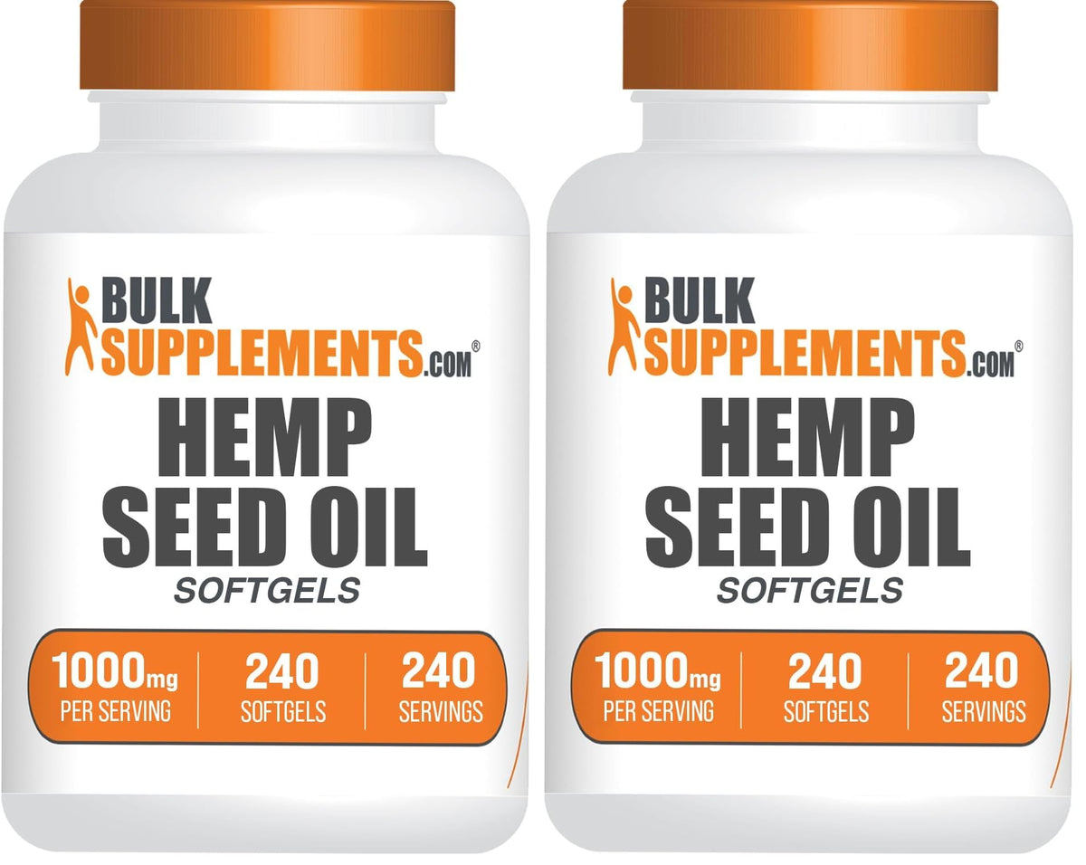 BulkSupplements Hemp Seed Oil Softgels bottle closeup showing quality and nutrients