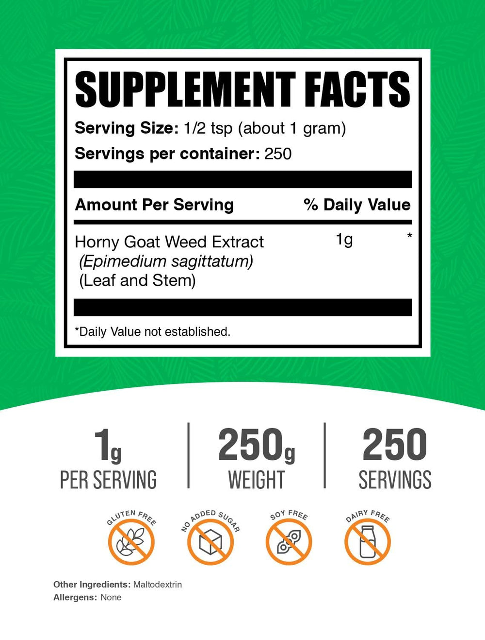 BulkSupplements Horny Goat Weed Extract Powder label shows ingredients and dose details.