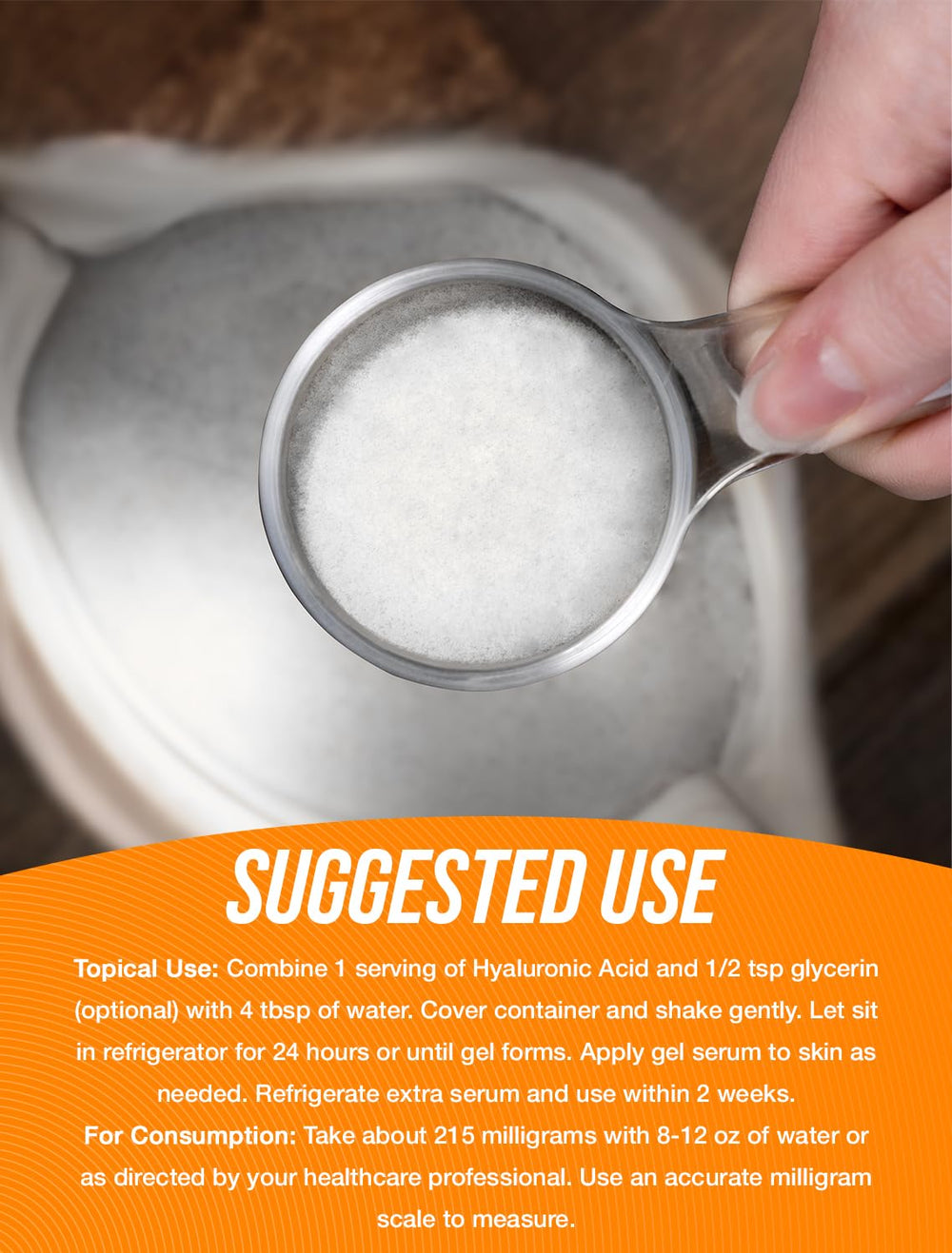 BulkSupplements Hyaluronic Acid powder packaging flatlay highlights convenient, versatile supplement.